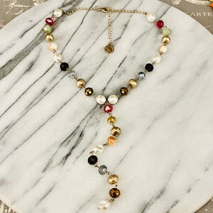 Liz Claiborne Multicolor Beaded Necklace | Faux Pearl Y Drop Dangle‎